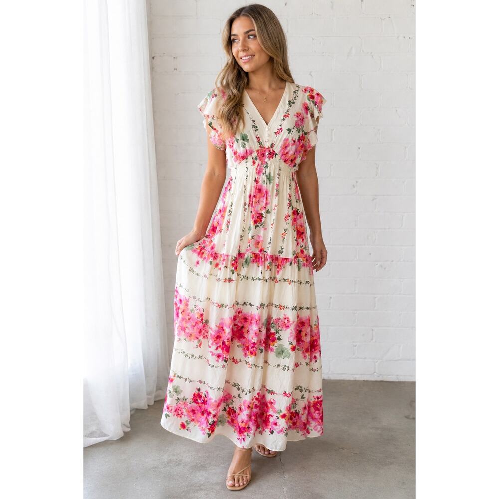 Taylor Dress Womens 8 Floral Maxi Cream Pink Smocked Waist Lined Cottagecore